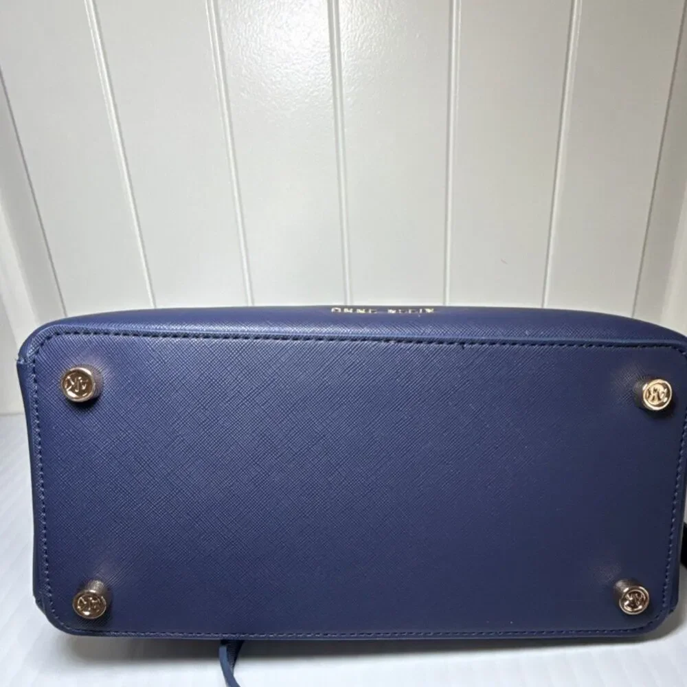 Anne Klein Navy Blue Satchel Gold Hardware Detachable Adjustable Strap Pockets - Picture 5 of 13